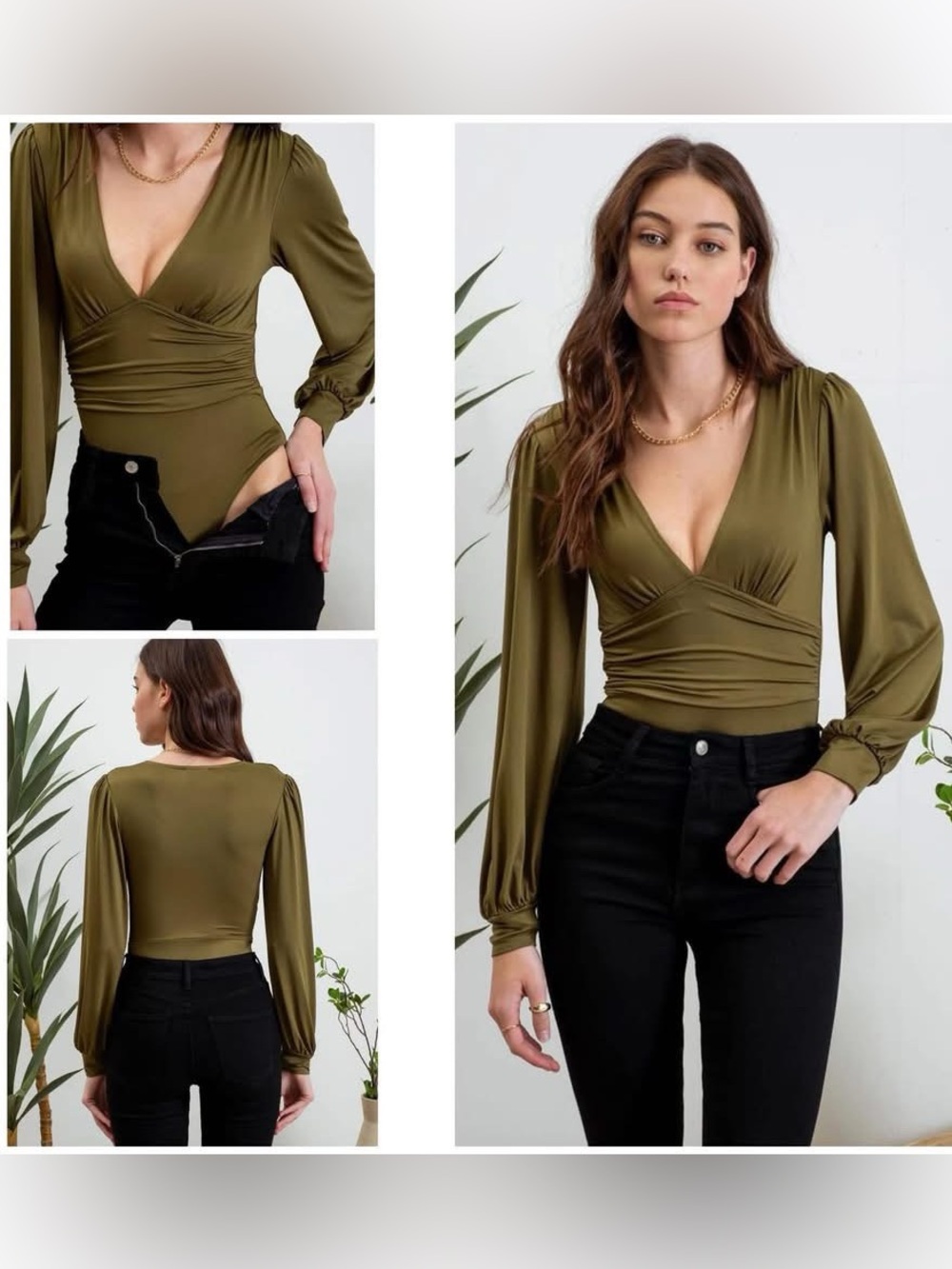 Olive Long-Sleeve Deep V Neck Bodysuit